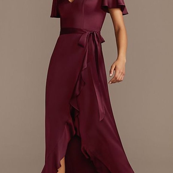 David Bridal Flutter Sleeve Crepe Satin Ruffle  Dress in Wine F20209 Size 6 - Picture 2 of 6